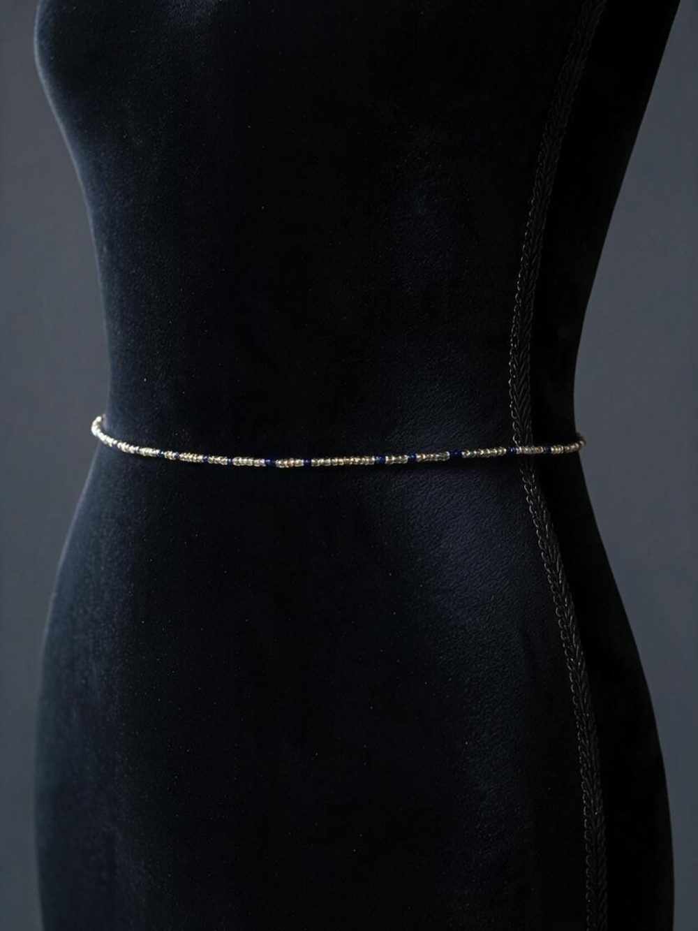 Gold and Navy Beaded Waist Chain Belt